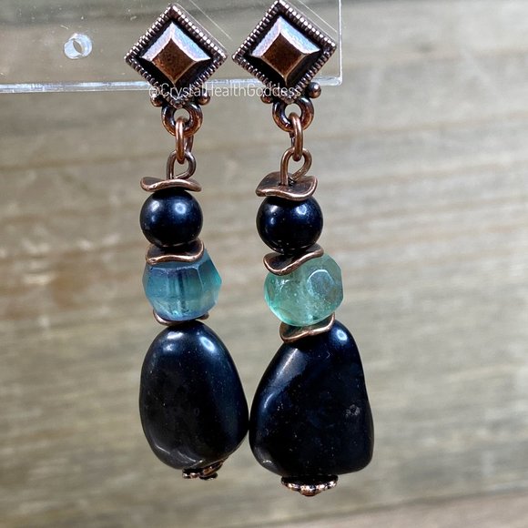 Shungite + Fluorite + Antique Copper Dangle Earrings - Picture 1 of 5